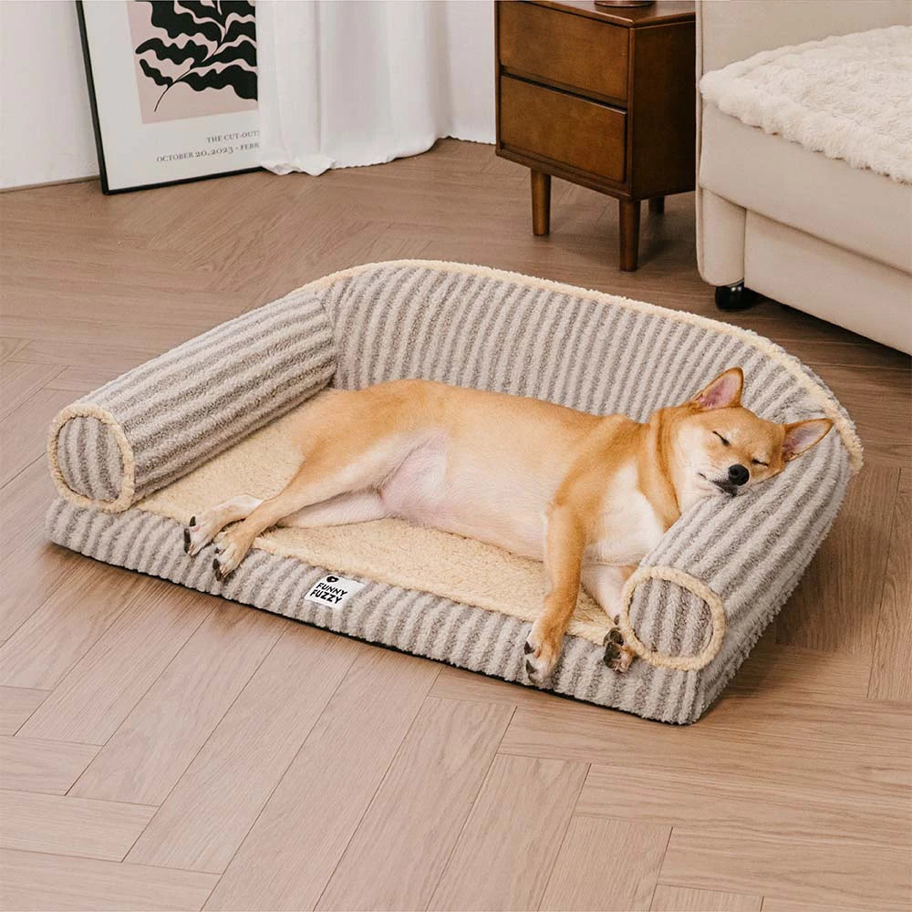 Fluffy Stripe Washable Orthopedic Dog & Cat Sofa Bed - Latte Nooki