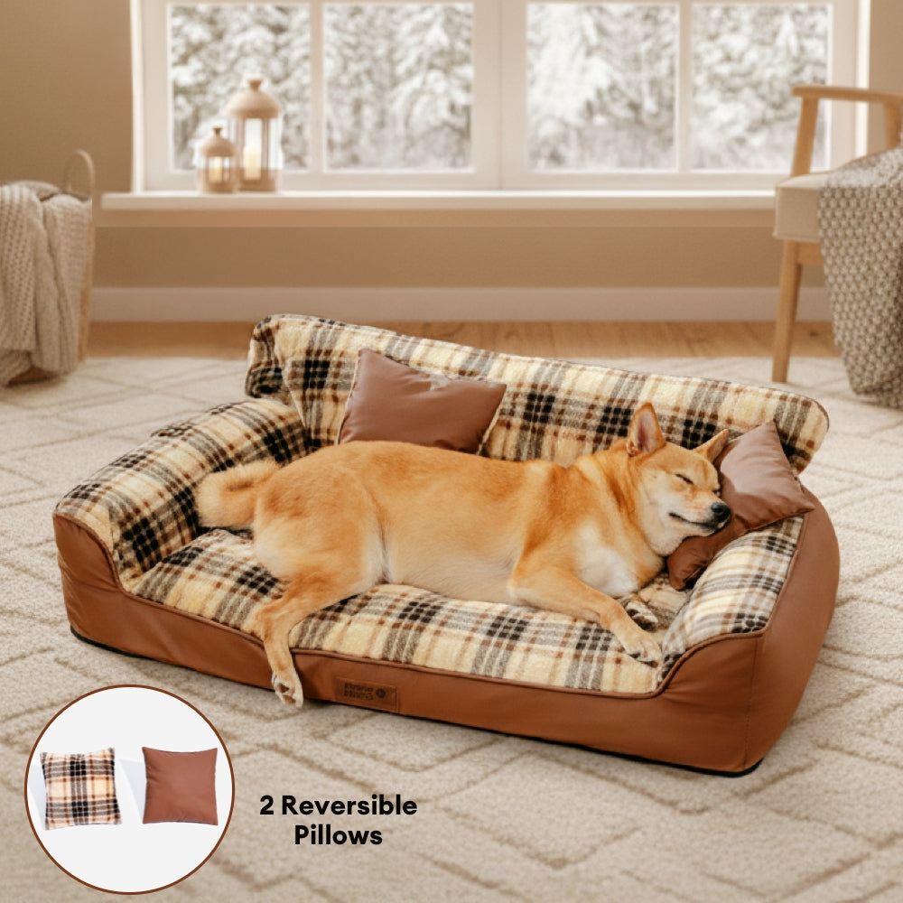 Vintage Plaid Plush Orthopedic Dog Sofa Bed with Pillows - CozyLuxe