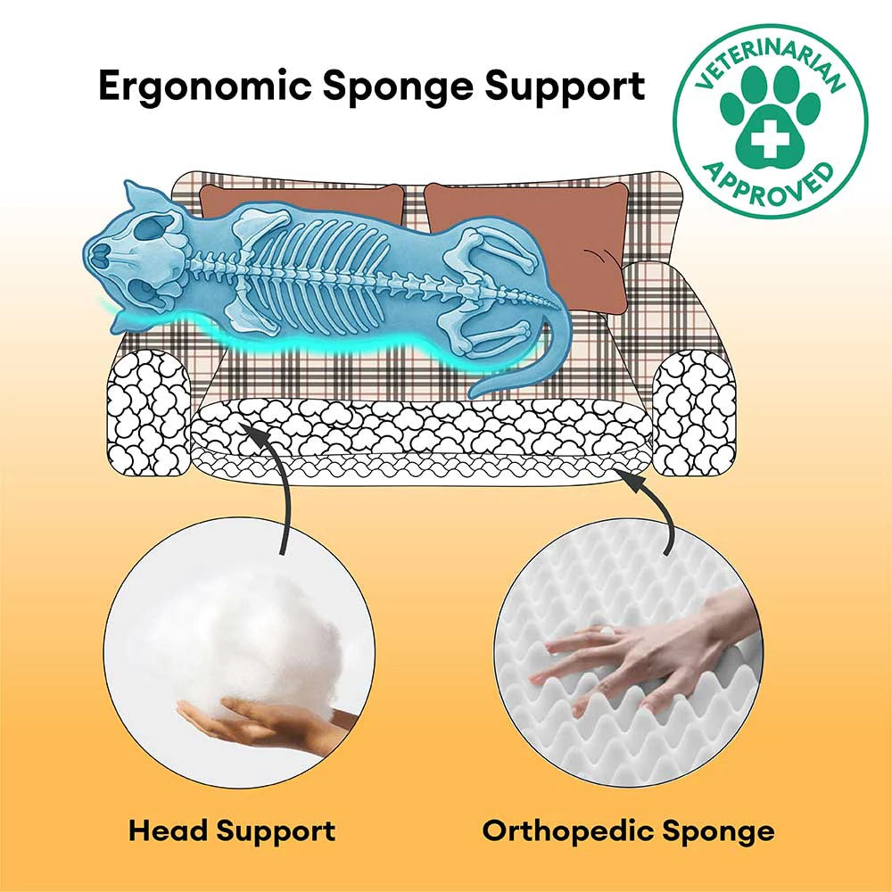 Vintage Plaid Plush Orthopedic Dog Sofa Bed with Pillows - CozyLuxe