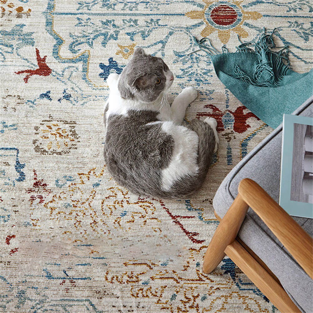 Tapis vintage bleu et crème acceptant les animaux de compagnie - Élégance intemporelle pour votre maison