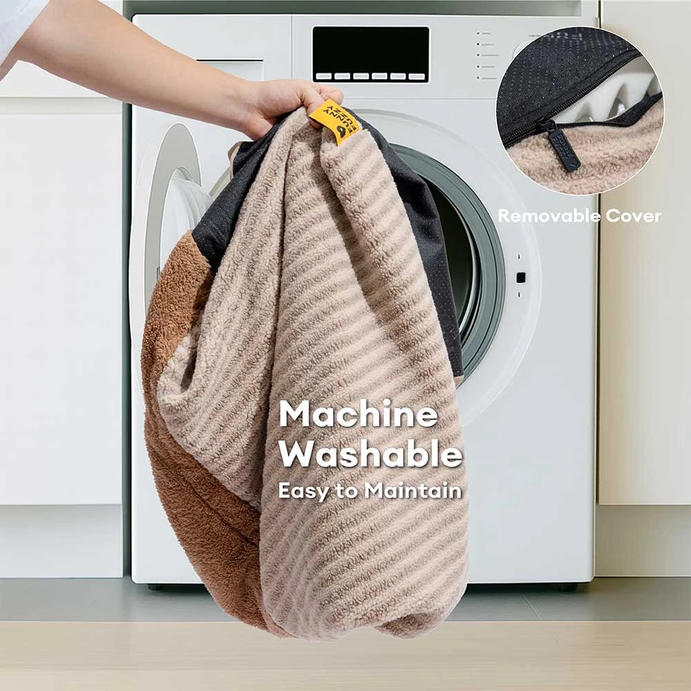 Plush Striped Cave Covered Orthopedic Dog Bed With Pillow - FluffyWarm