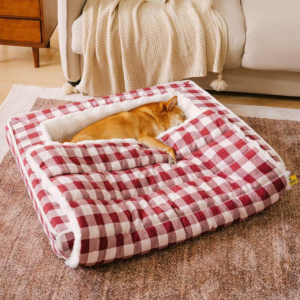 Classic Plaid Ergonomic Calming Dog Bed - Expandable&Washable