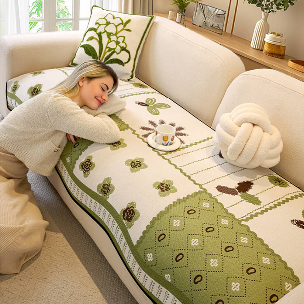 Chenille Scratch-resistant Fabric Pastoral Style Irregular Shaped Non-slip Couch Cover