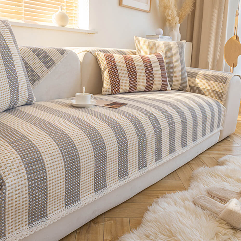 Capa de sofá protetora de móveis anti-arranhões com listras de linho de algodão