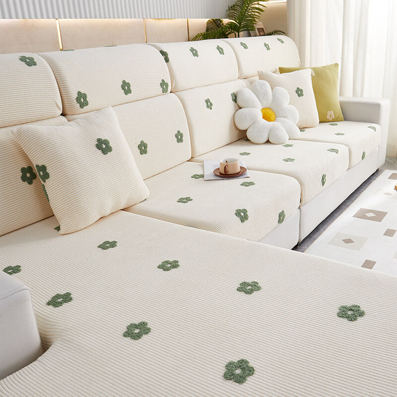 Floral Embroidered Fleece Sofa Anti-Scratch Stretch Couch Cover