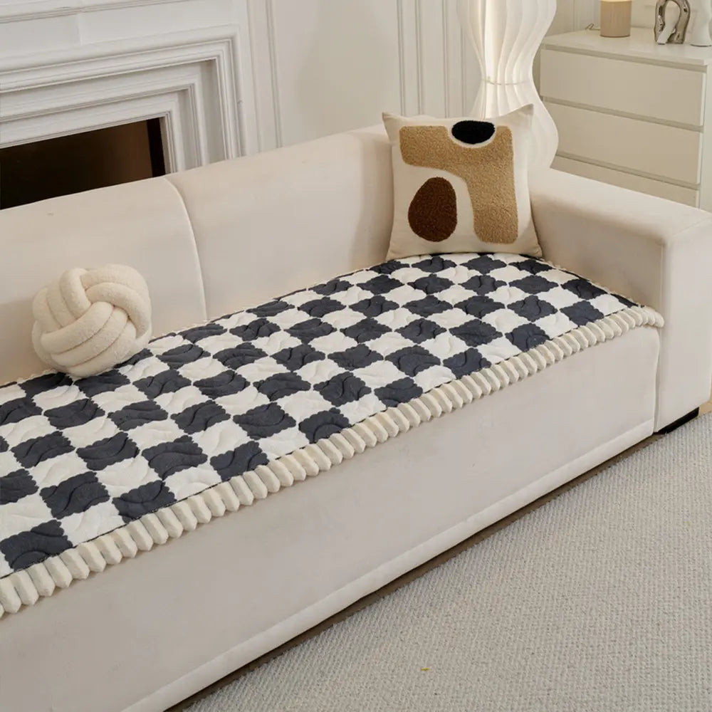 Checkered Velvet Sofa Pad Anti-Slip Quilted Couch Cover