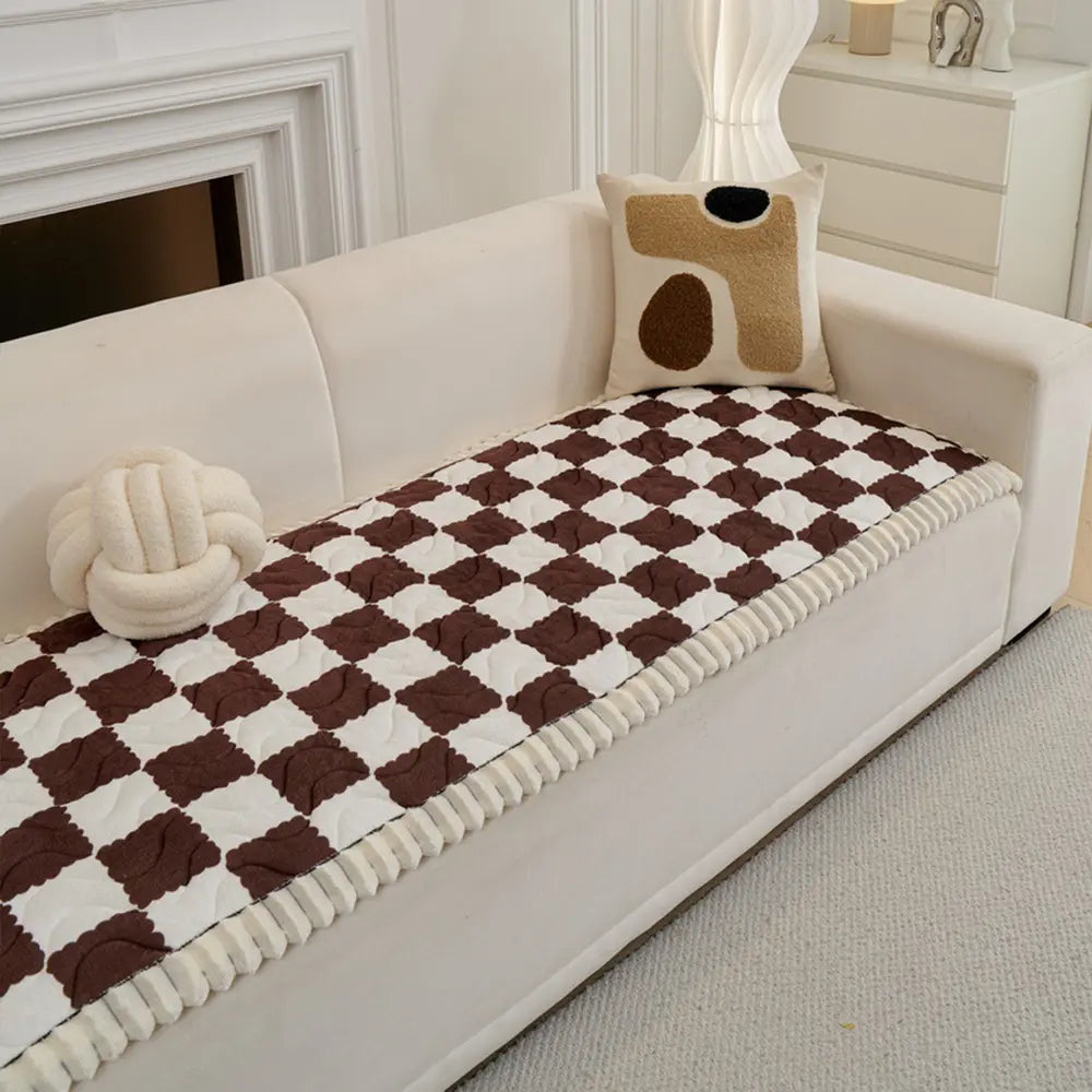 Checkered Velvet Sofa Pad Anti-Slip Quilted Couch Cover