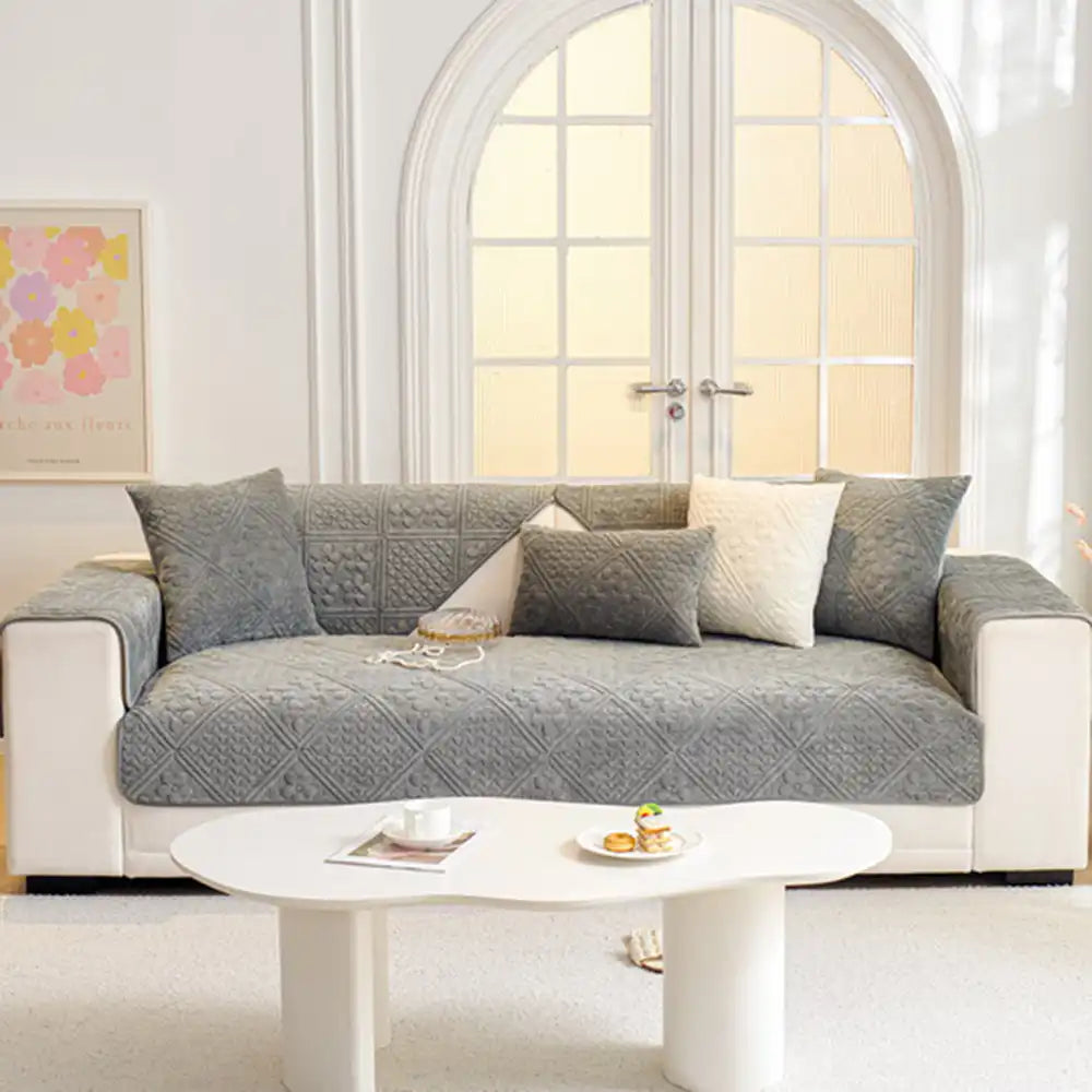 Embossed Geometric Pattern Soft Plush Quilted Non-Slip Couch Cover