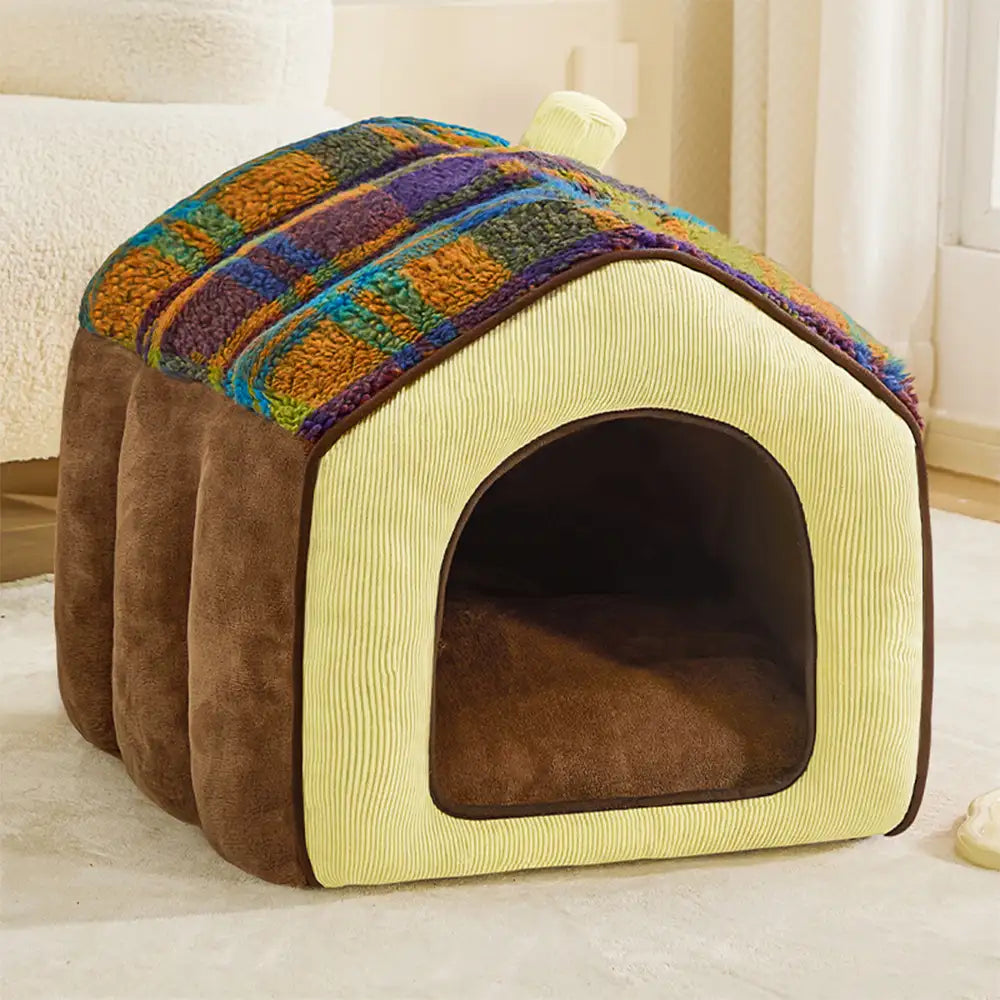 Plaid Retro Cozy Cave-Style Warm Deep Sleeping Dog & Cat Bed - Retro House