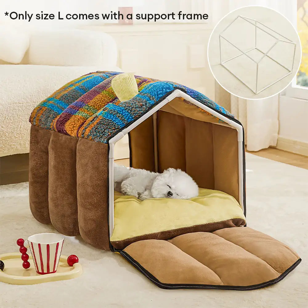 Plaid Retro Cozy Cave-Style Warm Deep Sleeping Dog & Cat Bed - Retro House