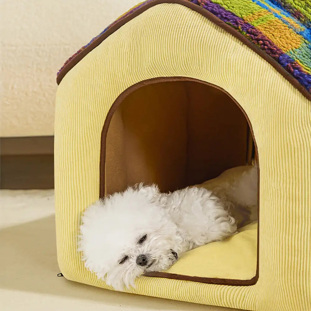 Plaid Retro Cozy Cave-Style Warm Deep Sleeping Dog & Cat Bed - Retro House