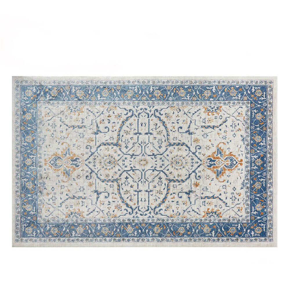 Tapis vintage bleu et crème acceptant les animaux de compagnie - Élégance intemporelle pour votre maison