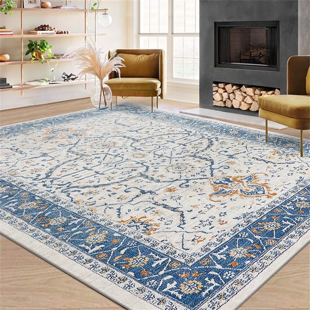 Tapis vintage bleu et crème acceptant les animaux de compagnie - Élégance intemporelle pour votre maison