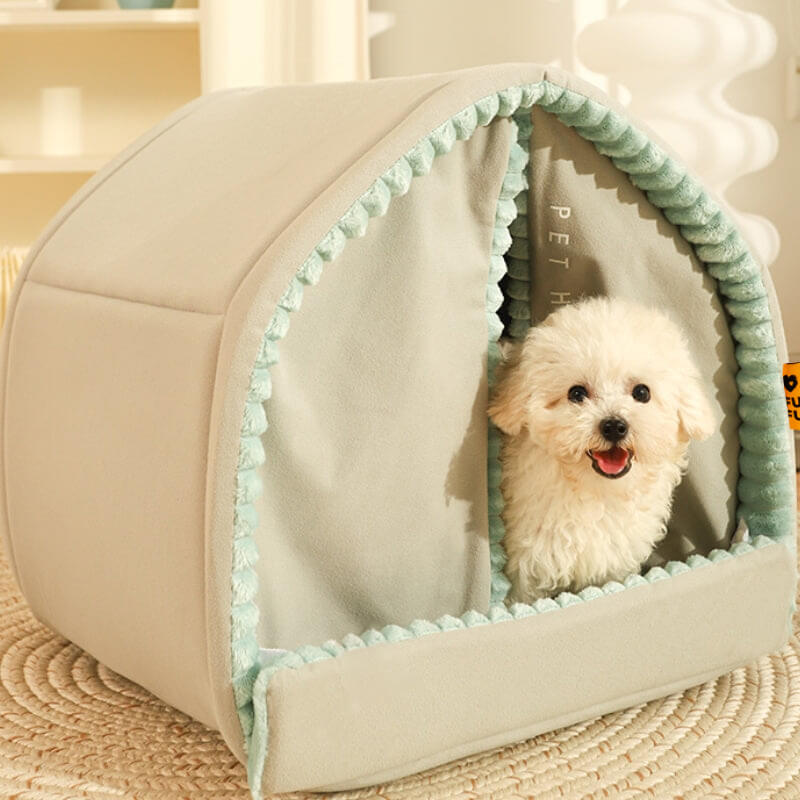 Casa de mascota de doble cortina cama para perros cerrada