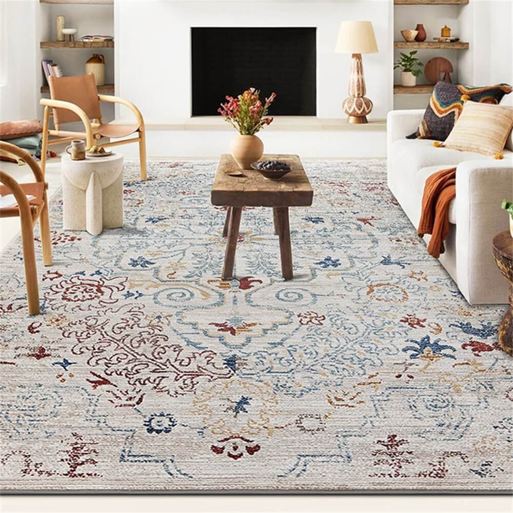 Tapis vintage bleu et crème acceptant les animaux de compagnie - Élégance intemporelle pour votre maison
