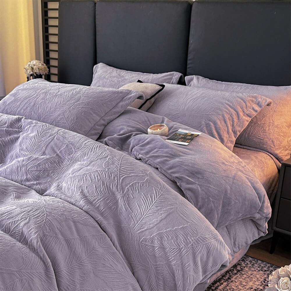 Juego de cama de terciopelo tibio en relieve natural en relieve de hoja