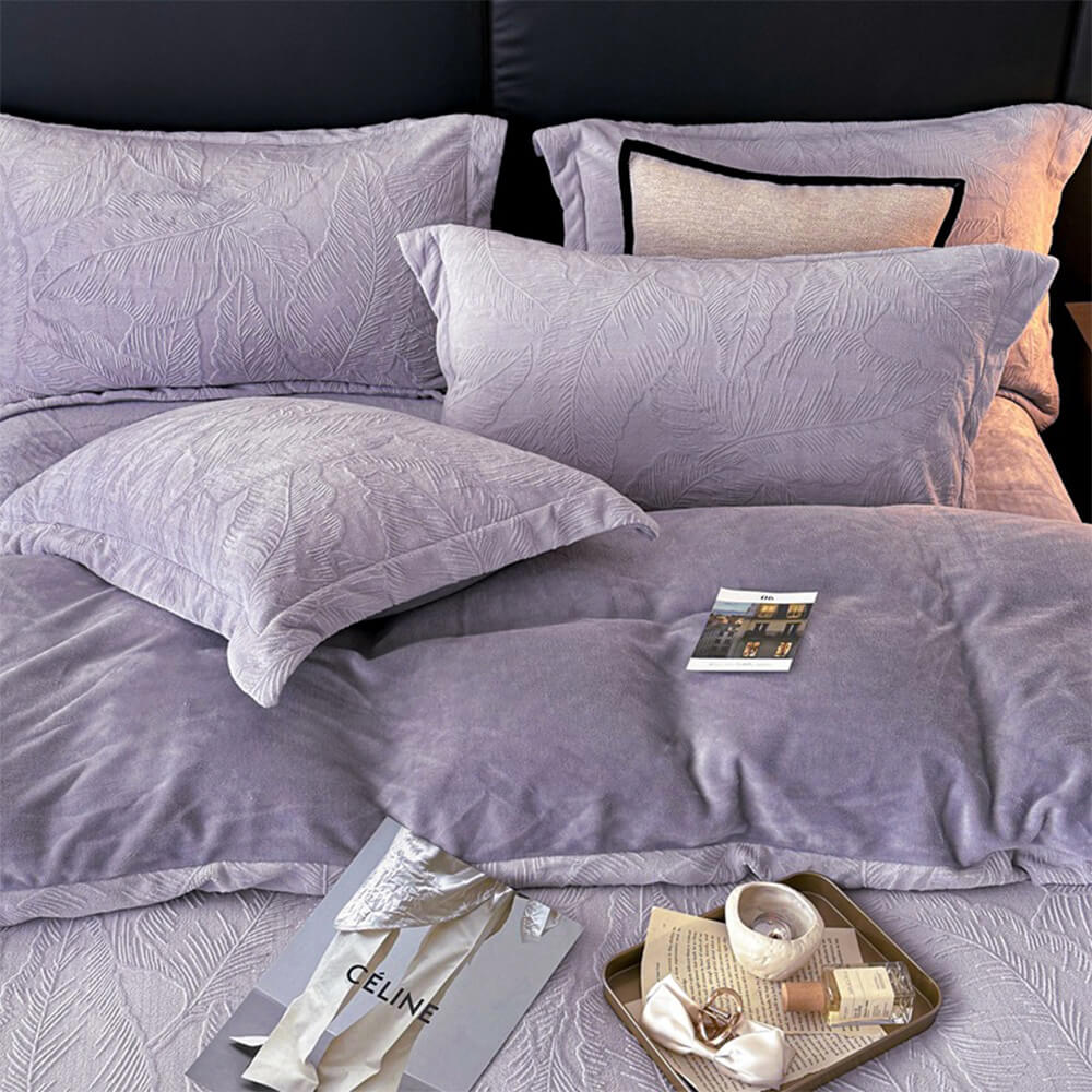 Juego de cama de terciopelo tibio en relieve natural en relieve de hoja