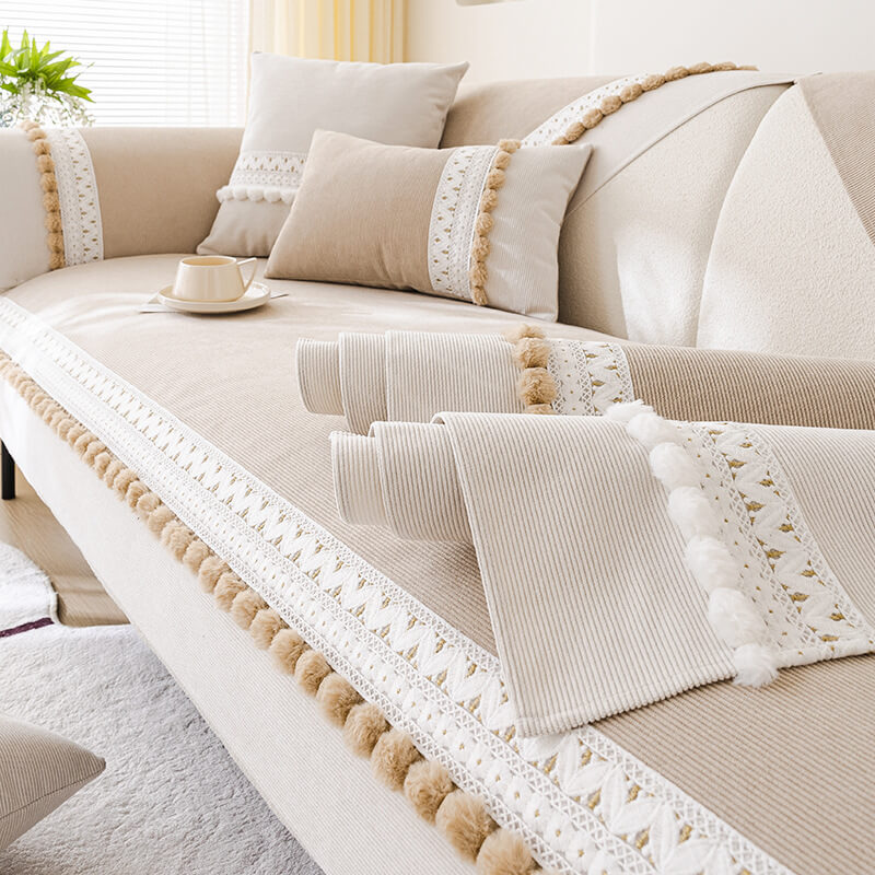 All-Season Water-resistant Anti-Scratch Soft Corduroy Couch Cover with Pom-Poms