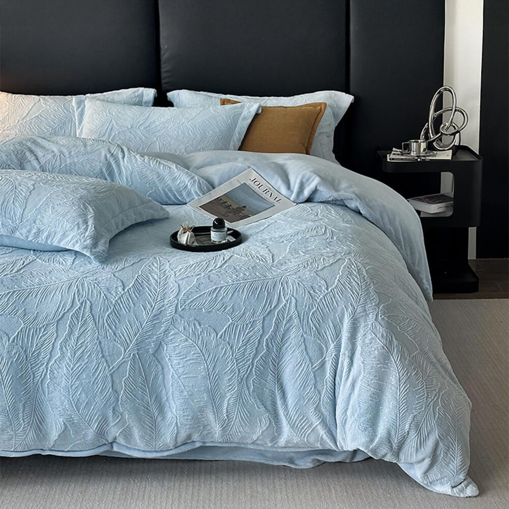 Juego de cama de terciopelo tibio en relieve natural en relieve de hoja