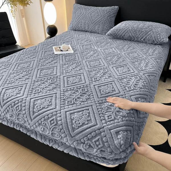 Baroque Style Embossed Warm Milk Velvet Fitted Sheet Mattress Cover