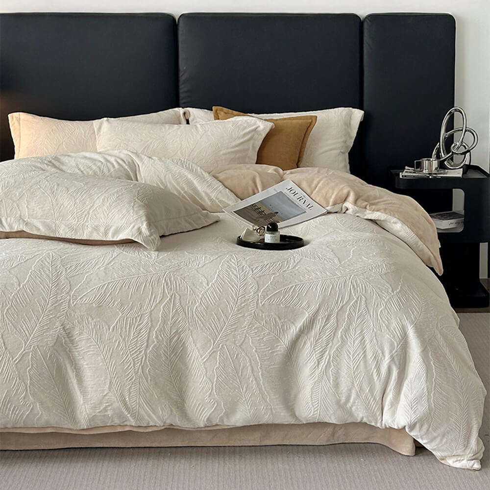 Juego de cama de terciopelo tibio en relieve natural en relieve de hoja