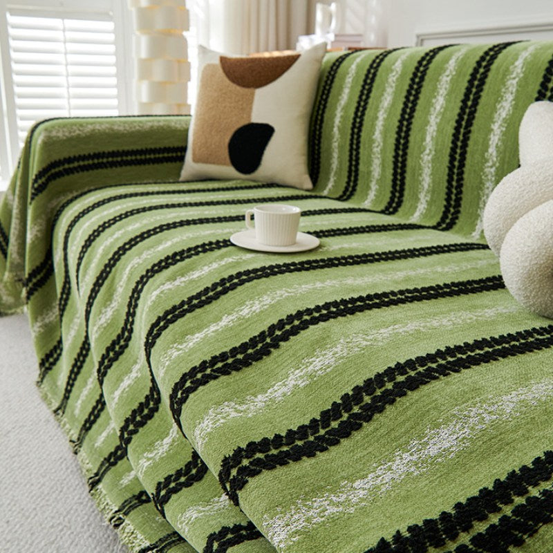 Decorative Stripe Tassel Chenille Throw Couch Cover