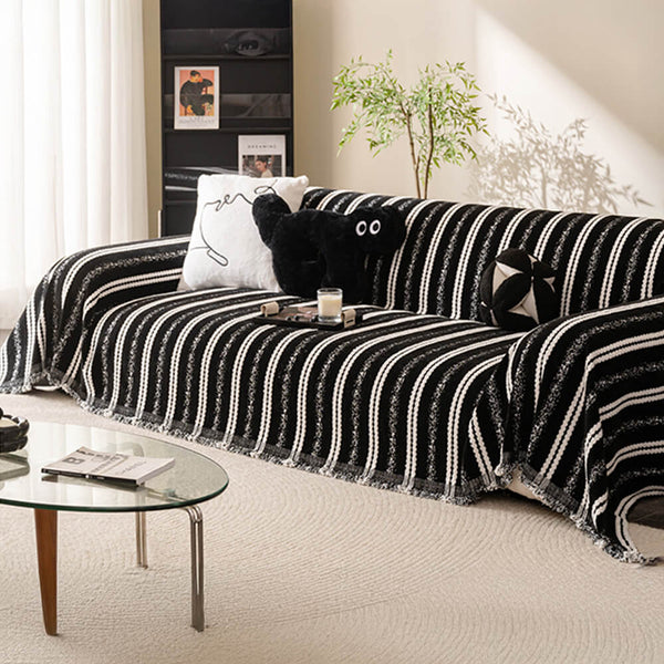Decorative Stripe Tassel Chenille Throw Couch Cover