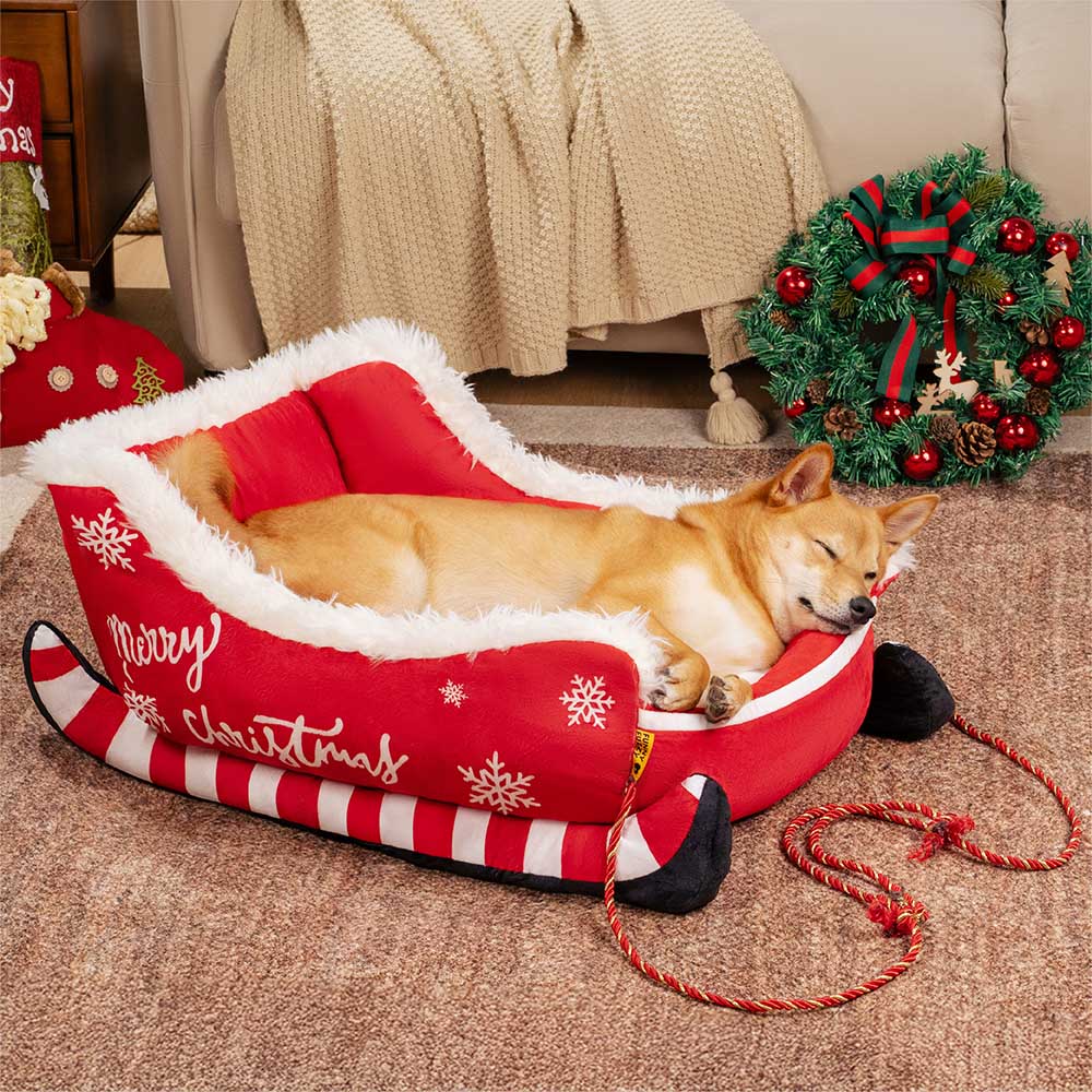 Cama de perros festivo de lujoso - trineo navideño