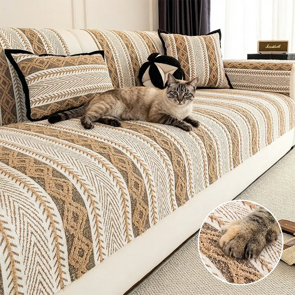 Color-Blocked Striped Chenille Non-Slip Couch Cover - Suitable For All Seasons
