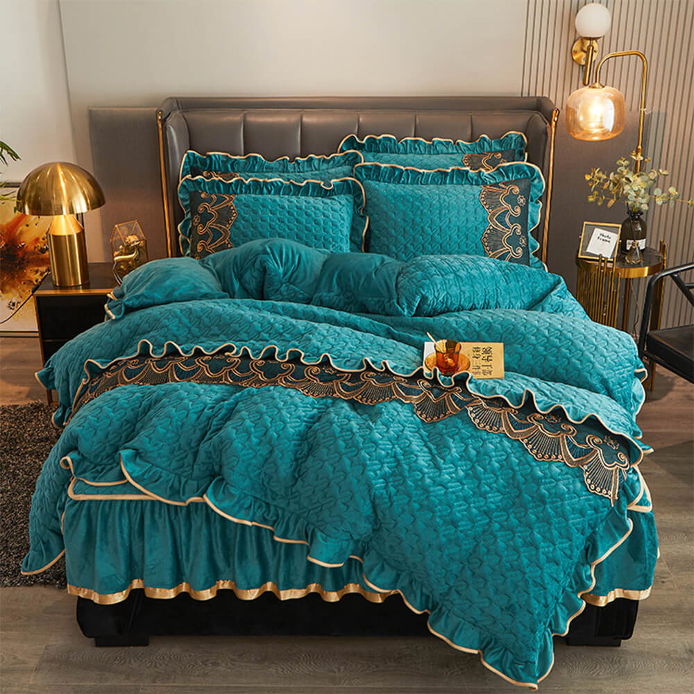 Luxurious Crystal Velvet Borded Borded Bylip Sede Waret Russ con falda de cama