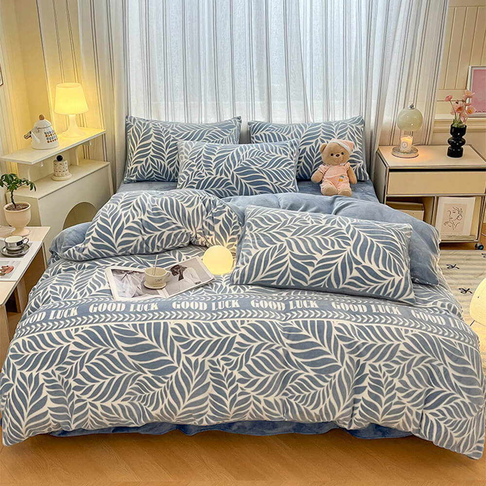 Juego de cama de terciopelo tibio en relieve natural en relieve de hoja