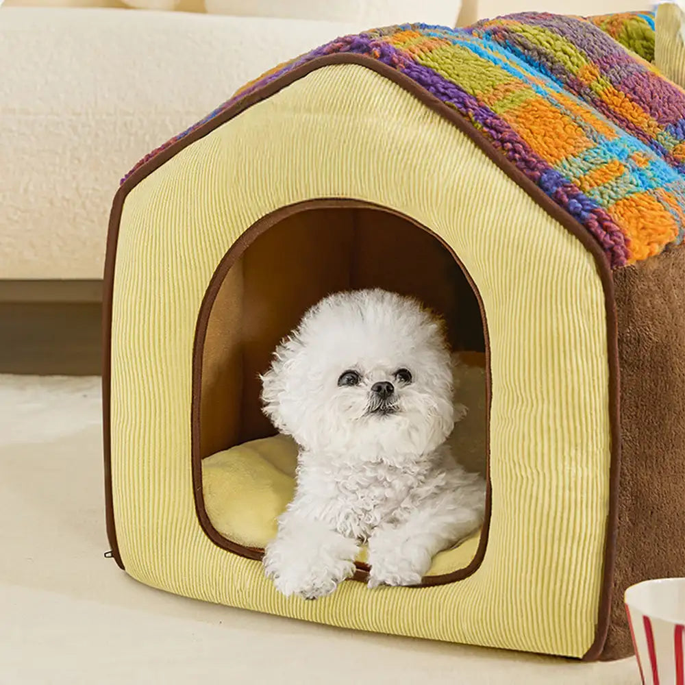 Plaid Retro Cozy Cave-Style Warm Deep Sleeping Dog & Cat Bed - Retro House