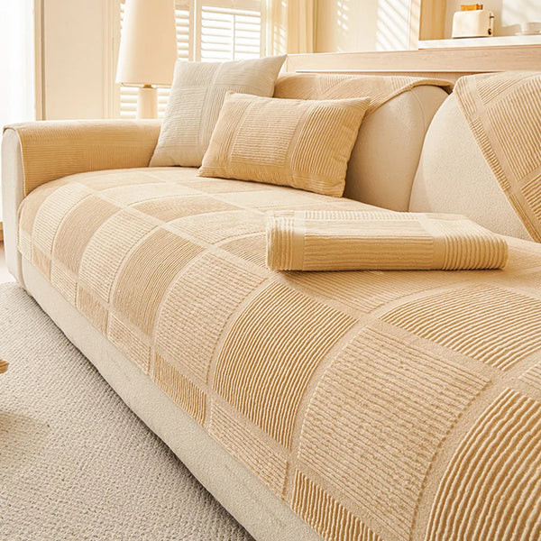 Plush Cream Geometric All Seasons Non-Slip Couch Cover