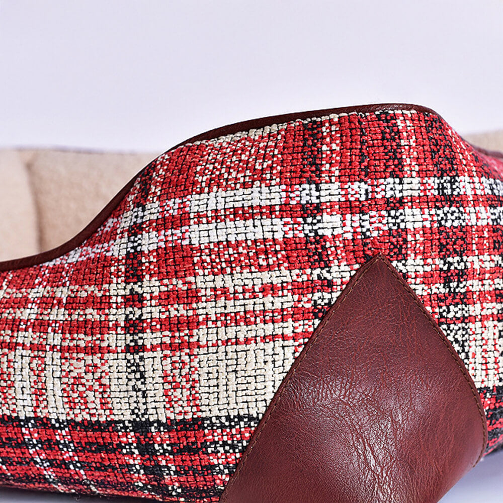 Lit carré pour chien et chat en cuir PU imitation sherpa à carreaux vintage