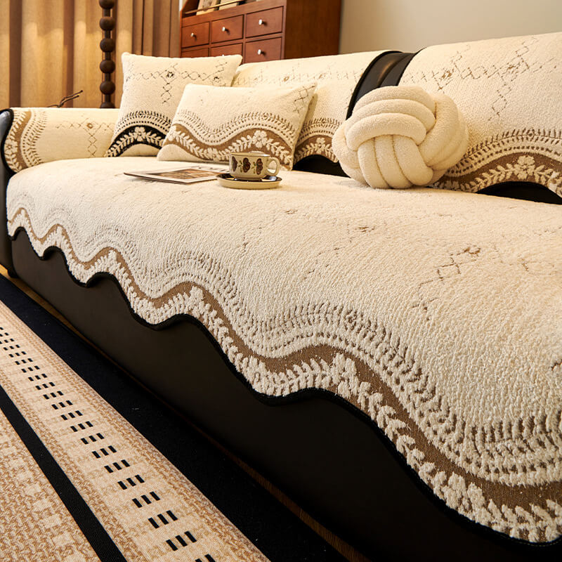 Wavy Pattern Anti-Scratch Plush Couch Cover
