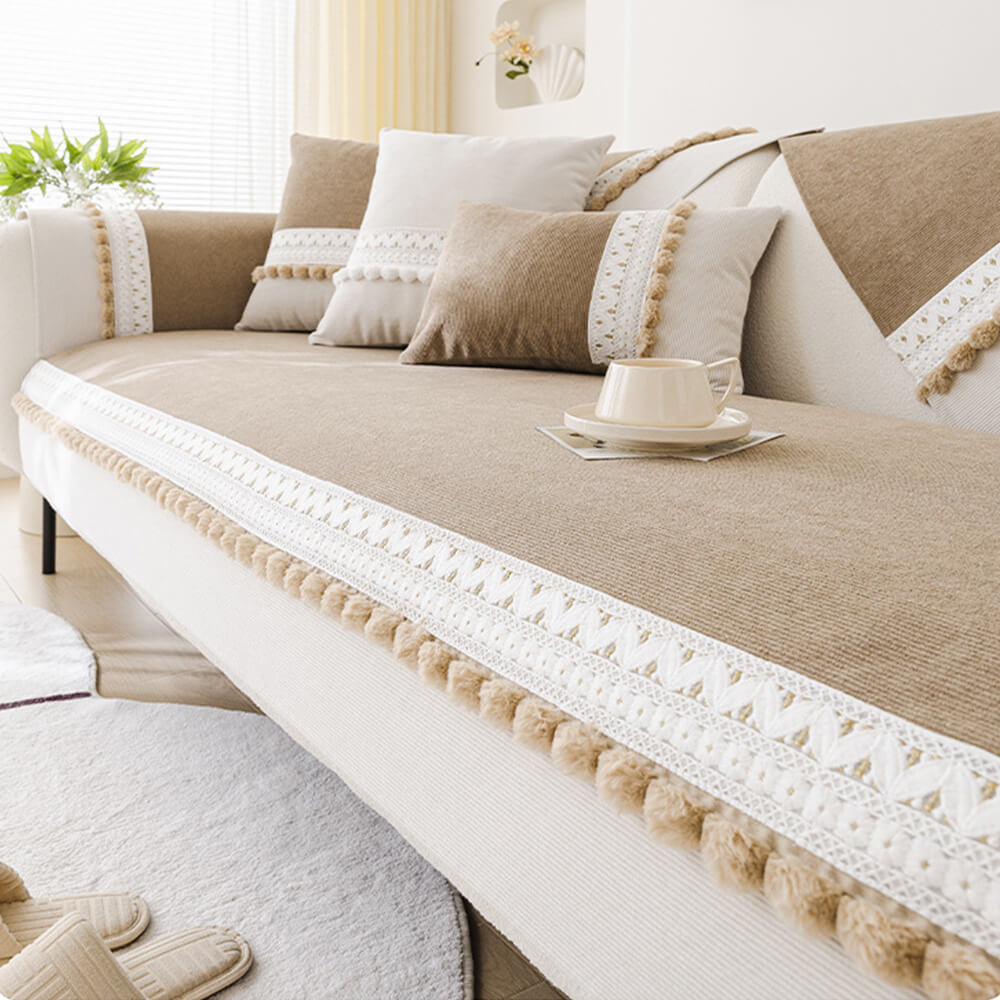 All-Season Water-resistant Anti-Scratch Soft Corduroy Couch Cover with Pom-Poms