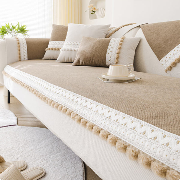 All-Season Water-resistant Anti-Scratch Soft Corduroy Couch Cover with Pom-Poms