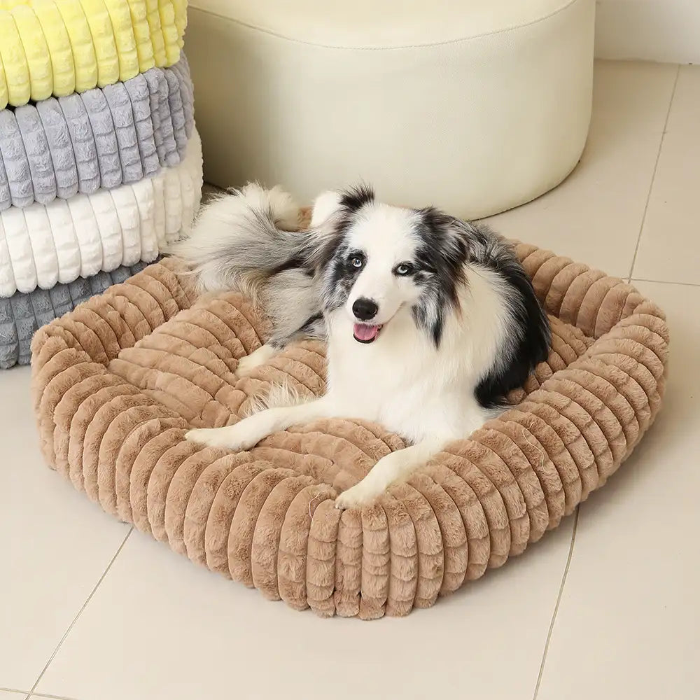Square Striped Short Plush Fluffy Dog Bed for Small to Large Dogs’ Deep Rest