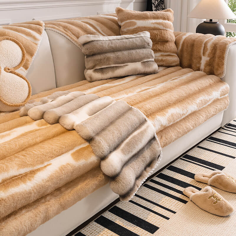 Housse de canapé en peluche à rayures de couleurs dégradées, tendance et belle