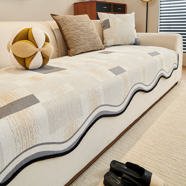 Durable Herringbone Pattern Anti-Slip Couch Cover with Wavy Trim – Pet Scratch Resistant