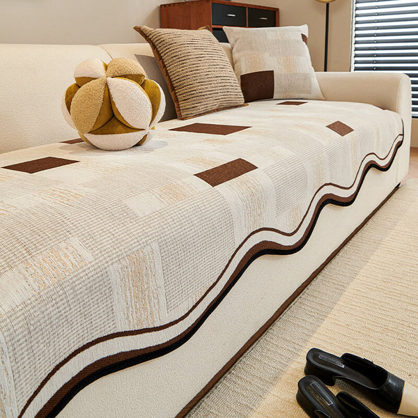 Durable Herringbone Pattern Anti-Slip Couch Cover with Wavy Trim – Pet Scratch Resistant